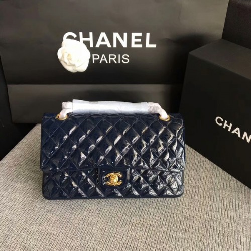 Chanel Flap Bolsos de Hombro Azul Oscuro Original Charol CF1112 Oro