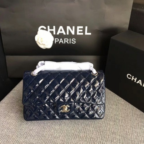 Chanel Flap Bolsos de Hombro Azul Oscuro Original Charol CF1112 Plata