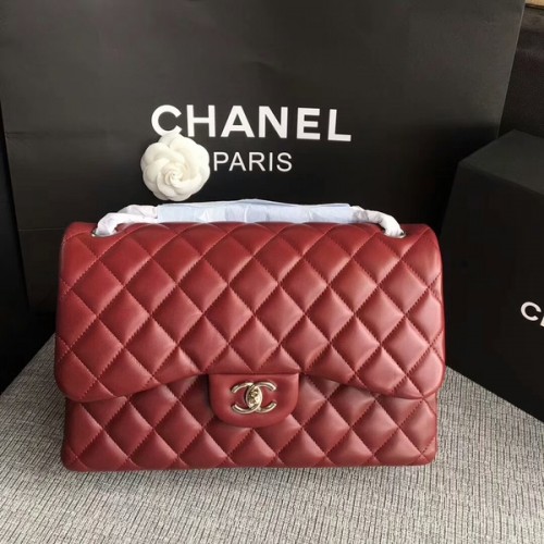 Chanel Flap Bolsos de Hombro Rojo Oscuro Piel de Cordero Original CF1113 Plata