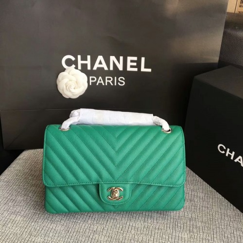 Bolso de hombro con solapa Chanel Verde Piel de becerro original CF1112 Plata