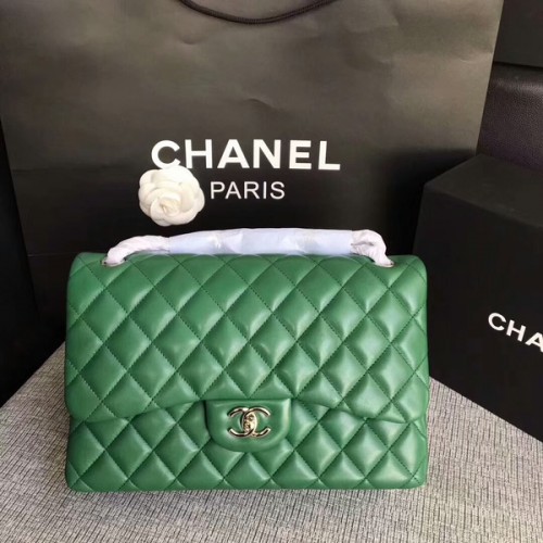 Bolso de hombro con solapa Chanel Verde Piel de cordero original CF1113 Plata