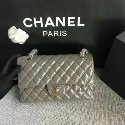 Chanel Flap Bolsos de Hombro Gris Original Charol CF1112 Plata