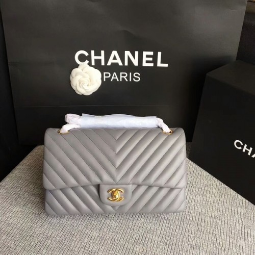 Chanel Flap Bolsos de Hombro Gris Original Piel de Oveja CF1112 Oro