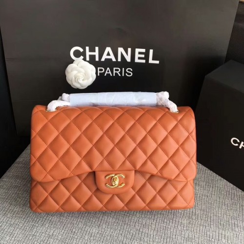 Chanel Flap Bolsos de Hombro Naranja Original Piel de Cordero CF1113 Glod