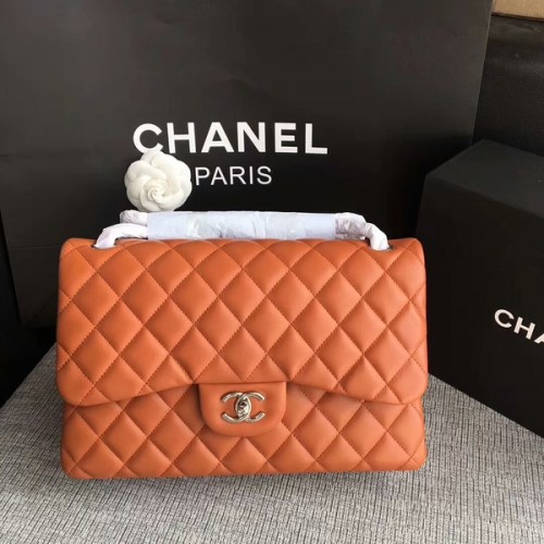 Chanel Flap Bolsos de Hombro Naranja Original Piel de Cordero CF1113 Plata