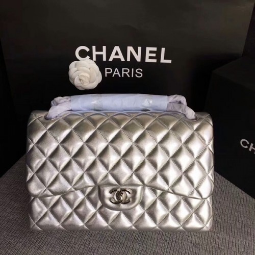 Chanel Flap Bolsos de Hombro Original Piel de Cordero CF1113 Plata