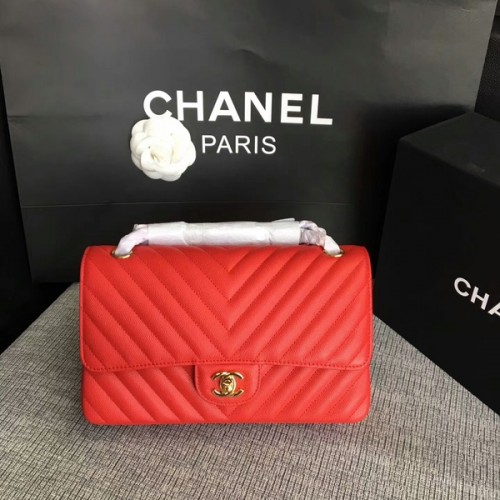 Chanel Flap Bolsos de Hombro Rojo Original Piel de Becerro CF1112 Oro