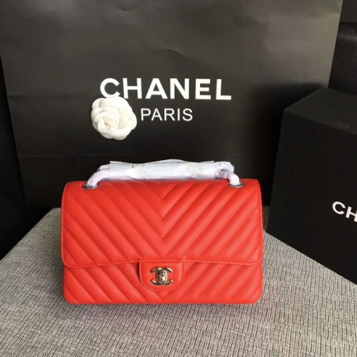 Chanel Flap Bolsos de Hombro Rojo Original Piel de Becerro CF1112 Plata