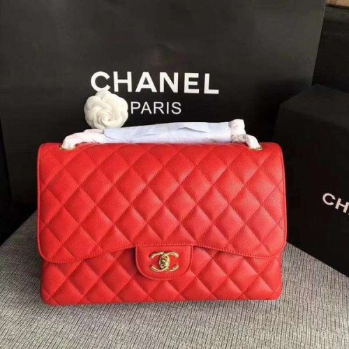 Chanel Flap Bolsos de Hombro Rojo Original Piel de Becerro CF1113 Oro