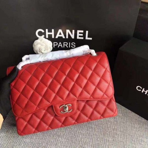 Chanel Flap Bolsos de Hombro Rojo Original Piel de Becerro CF1113 Plata