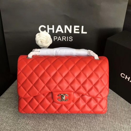 Chanel Flap Bolsos de Hombro Rojo Original Piel de Cordero CF1113 Plata