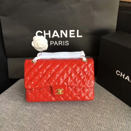 Chanel Flap Bolsos de Hombro Rojo Original Charol CF1112 Oro