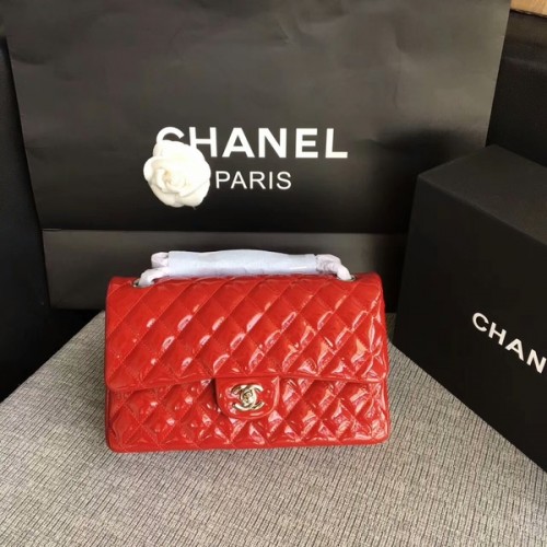 Chanel Flap Bolsos de Hombro Rojo Original Charol CF1112 Plata