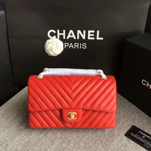 Chanel Flap Bolsos de Hombro Rojo Original Piel de Oveja CF1112 Oro
