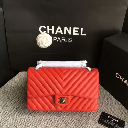 Chanel Flap Bolsos de Hombro Rojo Original Piel de Oveja CF1112 Plata
