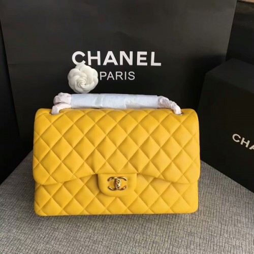 Chanel Flap Bolsos de Hombro Amarillo Original Piel de Cordero CF1113 Glod