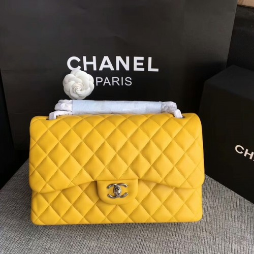 Chanel Flap Bolsos de Hombro Amarillo Original Piel de Cordero CF1113 Plata