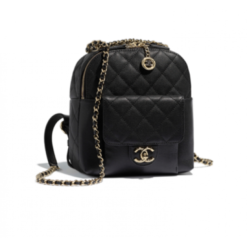 Mochila Chanel de piel de becerro granulada y metal dorado AS0004 negro