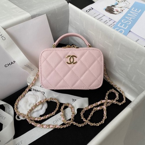 Chanel Mini bolso con solapa de piel de becerro granulada con asa superior AS2431 rosa