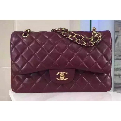 Chanel Jumbo Classic Flap Bag Cuero de piel de oveja burdeos A1113 Oro