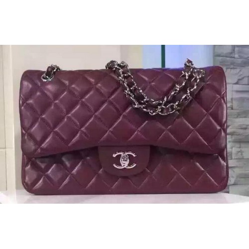 Chanel Jumbo Classic Flap Bag Cuero de piel de oveja burdeos A1113 Plata