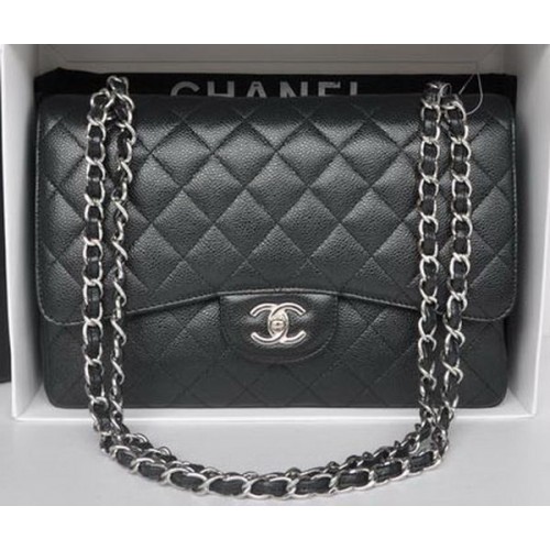 Bolso Chanel Jumbo con doble solapa Patrón Cannage negro A36097 Plata