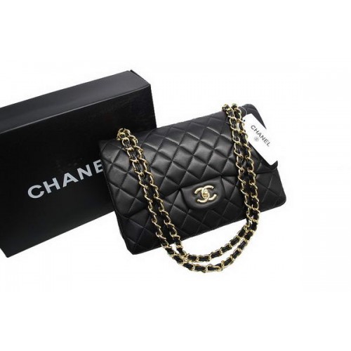 Bolso Chanel Jumbo Doble Solapa Negro Original Piel De Cordero A36097 Oro