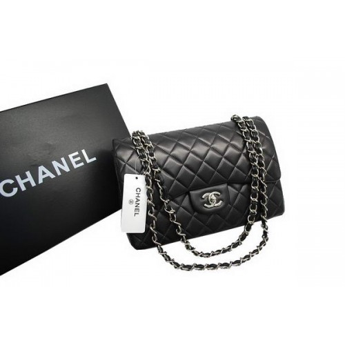 Bolso Chanel Jumbo Doble Solapa Negro Original Piel De Cordero A36097 Plata
