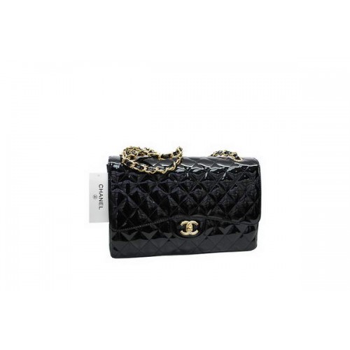 Bolso Chanel Jumbo Doble Solapa Negro Original Charol A36097 Oro