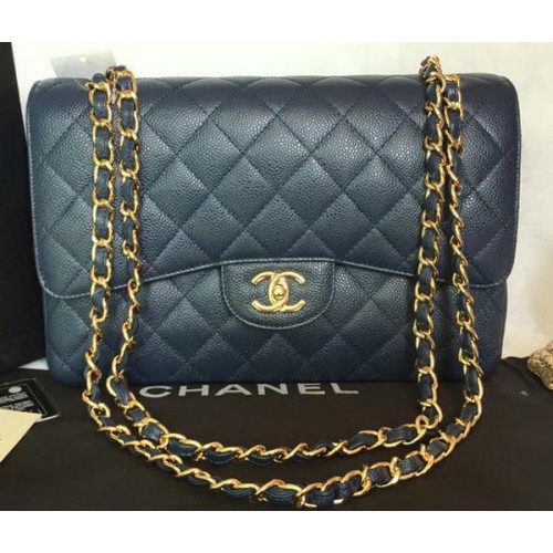 Bolso Chanel Jumbo con doble solapa Patrón Cannage azul A36097 Oro