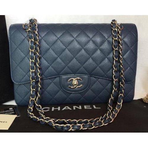 Bolso Chanel Jumbo con doble solapa Patrón Cannage azul A36097 Plata
