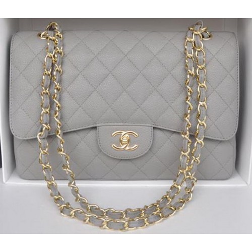 Bolso Chanel Jumbo con doble solapa Patrón Cannage gris A36097 Oro