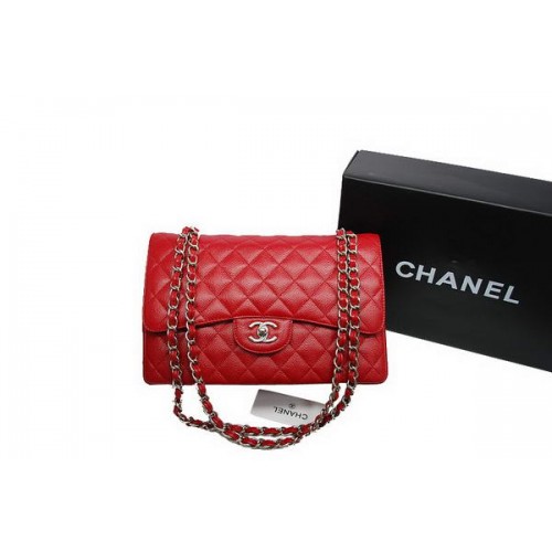 Bolso Chanel Jumbo Doble Solapa Rojo Original Caviar Cuero A36097 Plata