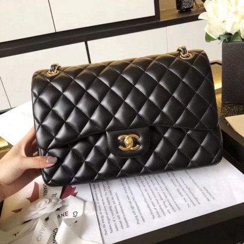 Chanel Jumbo Doble Solapa Bolsos Negro Original Piel De Oveja A36097 Oro