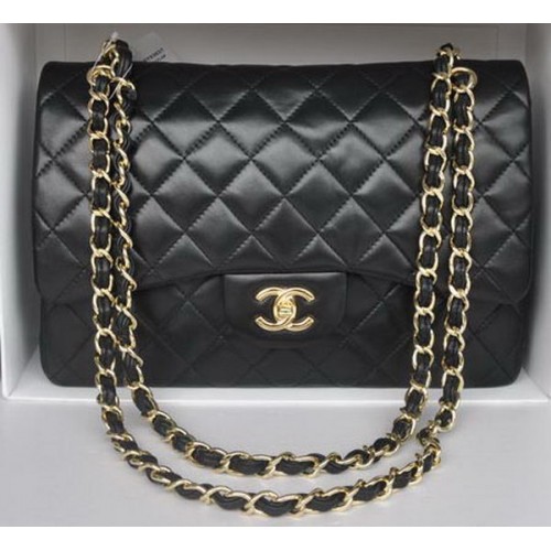 Bolsos Chanel Jumbo con doble solapa Cuero de piel de oveja negro A36097 Oro