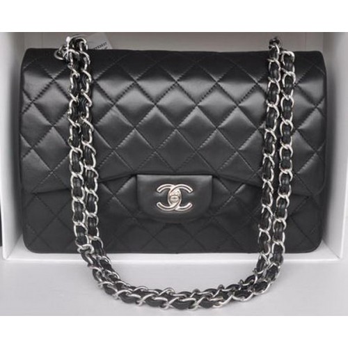 Bolsos Chanel Jumbo con doble solapa Cuero de piel de oveja negro A36097 Plata