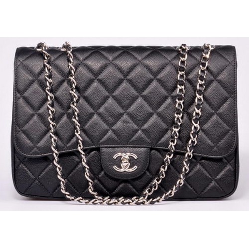 Chanel Jumbo Flap Bag Negro Patrón Cannage A28600 Plata