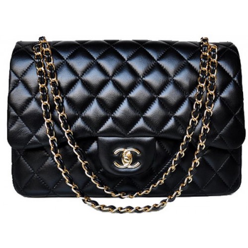 Chanel Jumbo Quilted Classic Black Sheepskin Flap Bag A58600 Oro