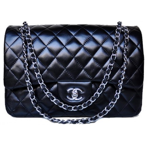 Chanel Jumbo Quilted Classic Black Sheepskin Flap Bag A58600 Plata