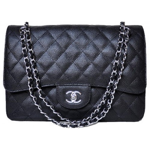 Chanel Jumbo Quilted Classic Flap Bag Black Cannage Patterns A58600 Plata