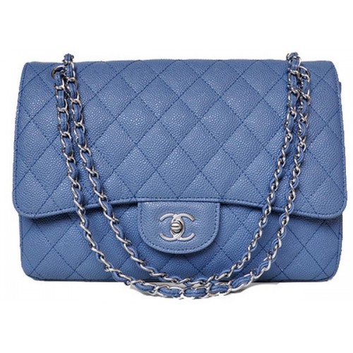 Chanel Jumbo Quilted Classic Flap Bag Blue Cannage Patterns A58600 Plata