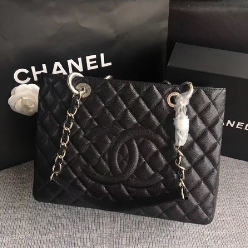 Chanel LE Boy Grand Shopping Tote Bag GST Negro Patrón Cannage A50995 Plata