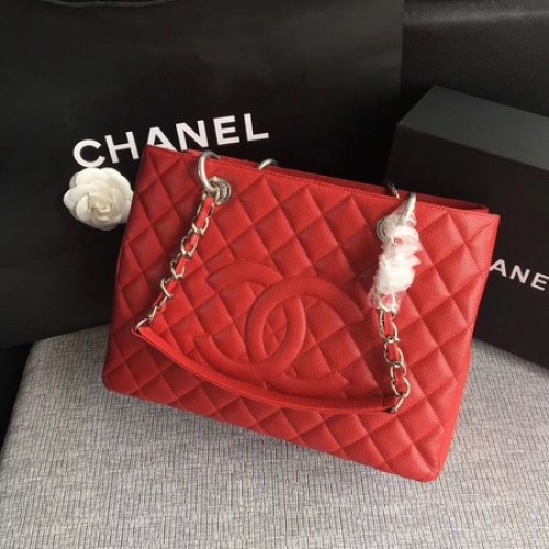 Chanel LE Boy Grand Shopping Tote Bag GST Red Cannage Patrón A50995 Plata