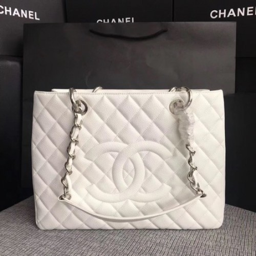 Chanel LE Boy Grand Shopping Tote Bag GST Blanco Patrón Cannage A50995 Plata