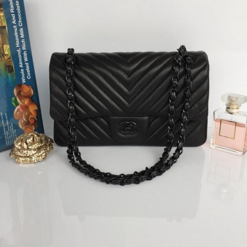 Chanel Lambskin Chevron Quilting Classic Flap Bag AO1112 Negro