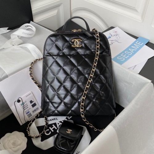 Chanel Mochila de metal dorado de piel de cordero AS3332 negro