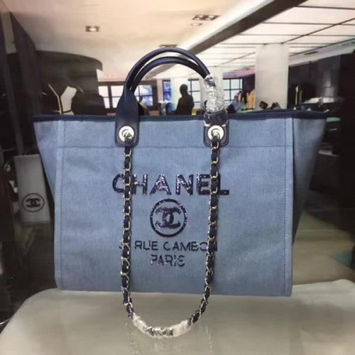 Bolso de compras grande de lona Chanel A1679 Azul