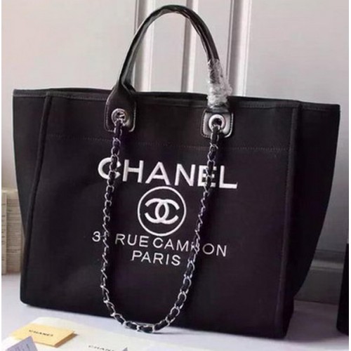 Bolso de compras grande de lona Chanel A5002 Negro