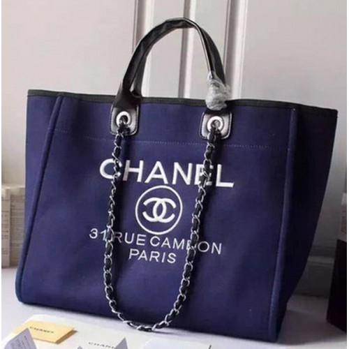 Bolso de compras grande de lona Chanel A5002 Azul