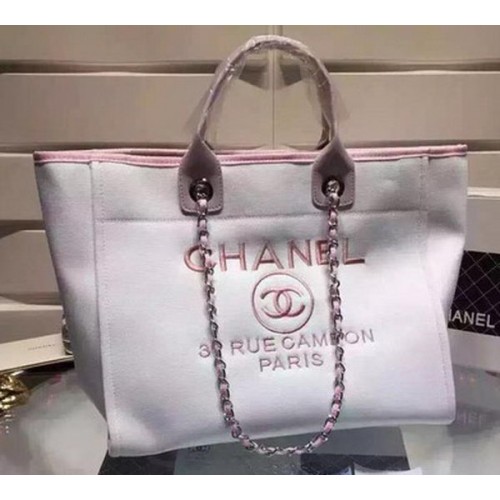 Bolso de compras grande de lona Chanel A5002 rosa claro